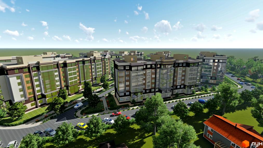 Новобудова RosenTal: багатоповерхові будинки з великими вікнами, оточені зеленими газонами, деревами та дорогами з автомобілями.