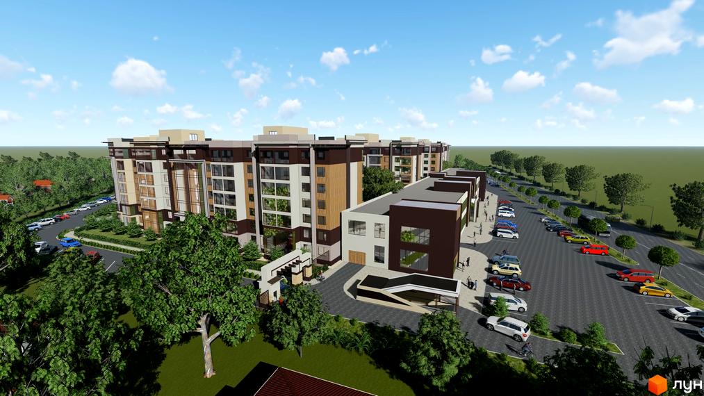 Багатоповерховий будинок Житлового комплексу RosenTal з коричневими та світлими фасадами, оточений дорогами, парковками та зеленими деревами.