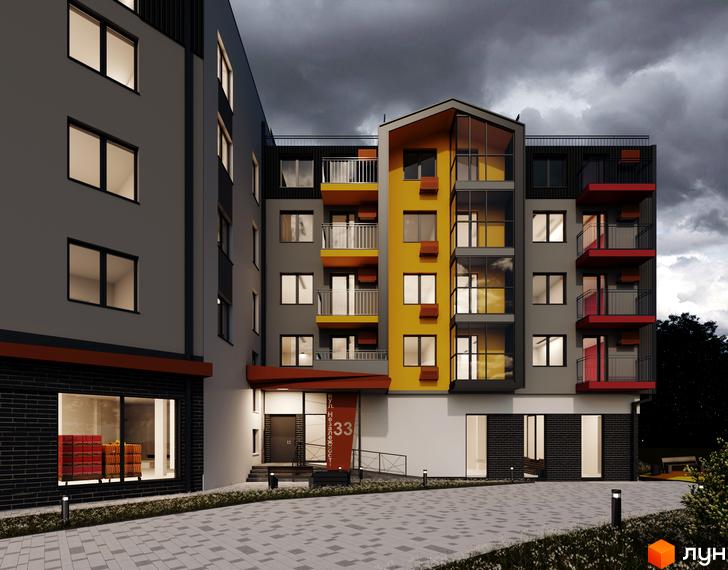 Житловий комплекс Казка: фасади будівель з жовтими та сірими елементами, червоними балконами та великими вікнами. Прибудинкова територія з бруківкою та освітленням.