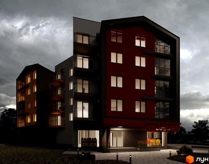 Зовнішній вигляд житлового комплексу Казка з червоним та сірим фасадами, вікнами та балконами. Прибудинкова територія з освітленням та ландшафтним дизайном.