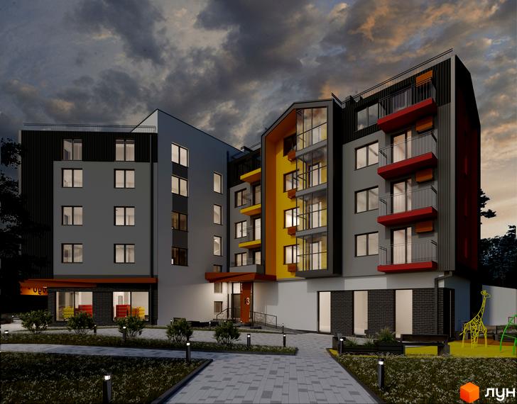 Зовнішній вигляд житлового комплексу Казка з сірими та жовтими фасадами, червоними балконами та прибудинковою територією з дитячим майданчиком.