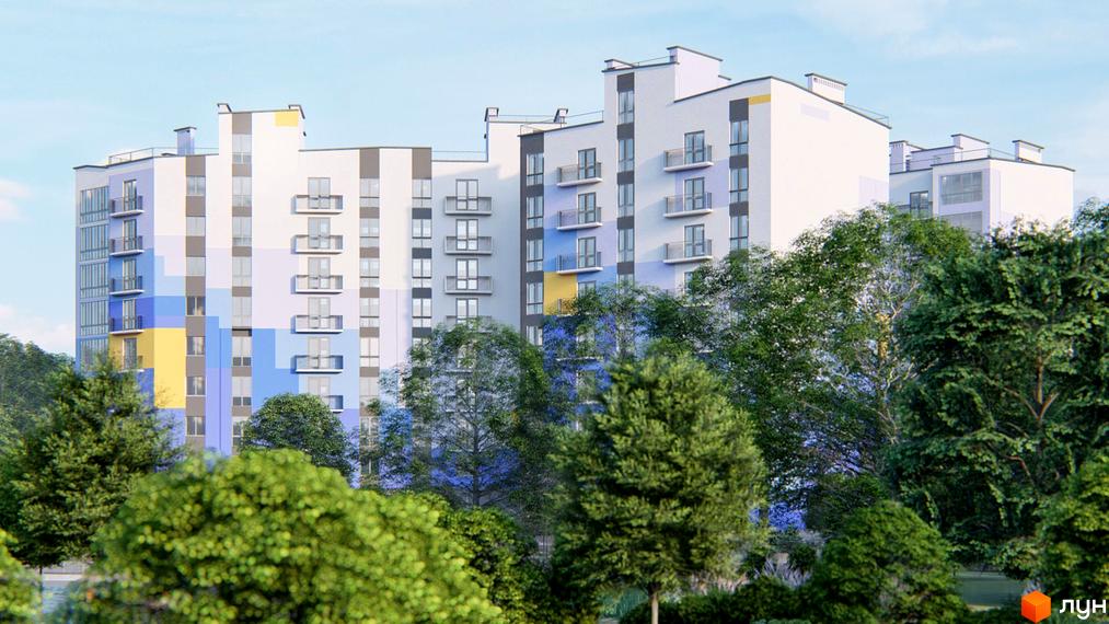 Житловий комплекс Столичний Квартал з яскравим фасадом та балконами. На передньому плані зелені дерева та кущі.