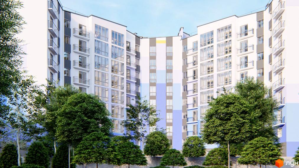 Житловий комплекс Столичний Квартал: багатоповерховий будинок вигнутої форми з білими, сірими та блакитними фасадами. Прибудинкова територія озеленена деревами та кущами.