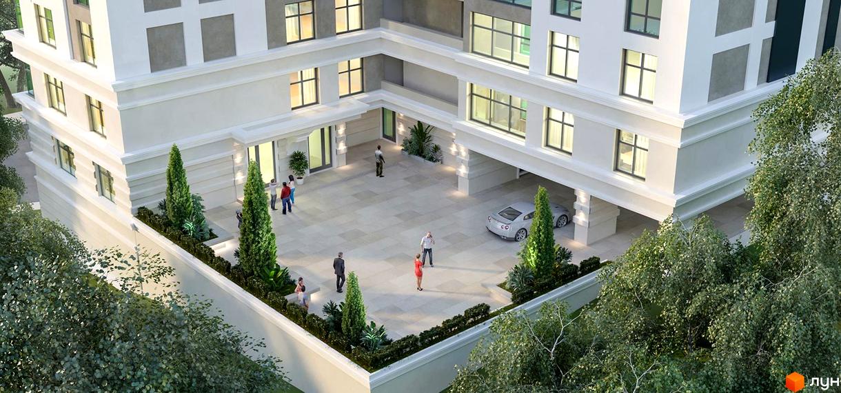 Зовнішній вигляд житлового комплексу LookyanSky з внутрішнім двориком та людьми, що прогулюються. Новобудова має білий фасад та зелені насадження навколо.