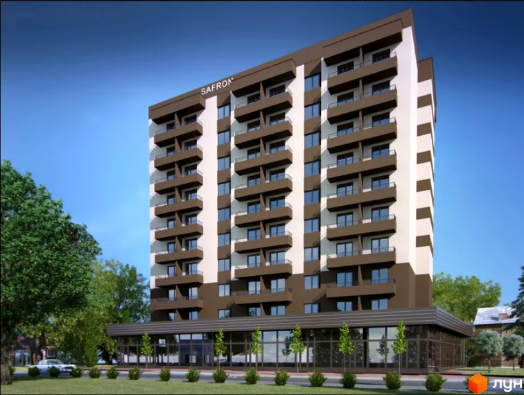 Новобудова ЖК Сафрон – це багатоповерховий будинок з балконами та скляним першим поверхом, розташований серед дерев.