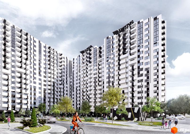 Білі багатоповерхові будинки Житлового комплексу Home & Park Comfort House з чорними акцентами на фасадах та балконах. Навколо облаштована територія з деревами, доріжками та людьми.