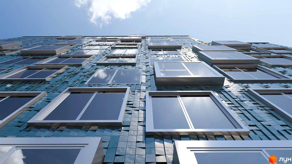 Фасад житлового комплексу Washington Concept House з численними вікнами та оригінальним оздобленням. Новобудова з панорамним склінням та виступаючими елементами.