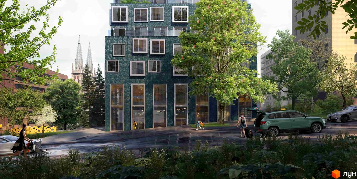 Новобудова Washington Concept House з темно-зеленим фасадом та великими вікнами. Навколо будівлі дерева та міський пейзаж з автомобілями.