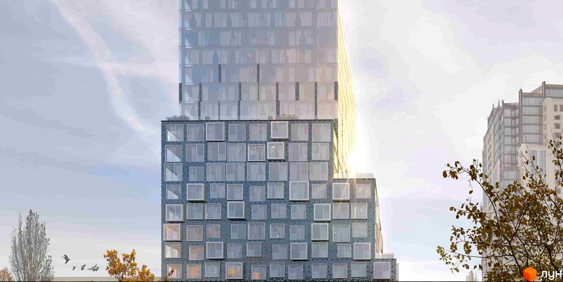 Новобудова Washington Concept House з фасадом з цегли та великою кількістю вікон. Навколо будівлі дерева та небо.