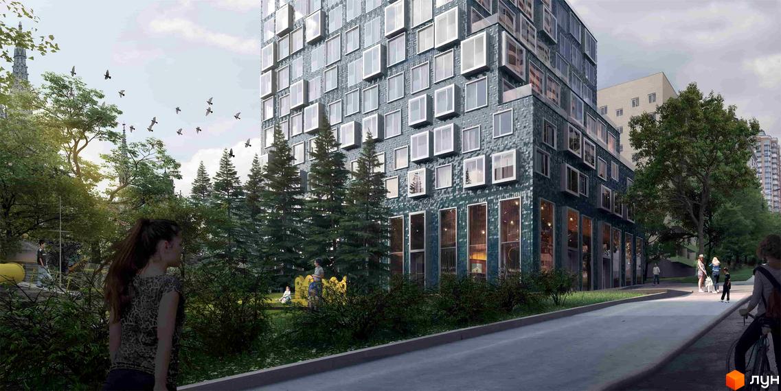 Житловий комплекс Washington Concept House з незвичайним фасадом та великою кількістю вікон. Навколо новобудови зелена зона з деревами та людьми, що відпочивають.