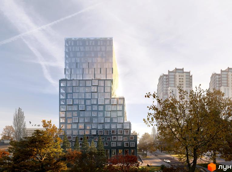 Новобудова Washington Concept House з панорамним склінням та цегляним фасадом. Навколо зелені дерева та міська вулиця.