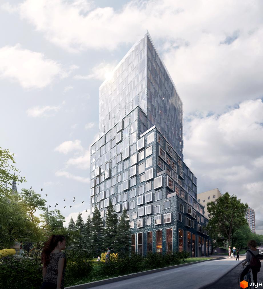 Новобудова Washington Concept House з оригінальним фасадом та великою кількістю вікон. Прибудинкова територія з деревами та людьми.