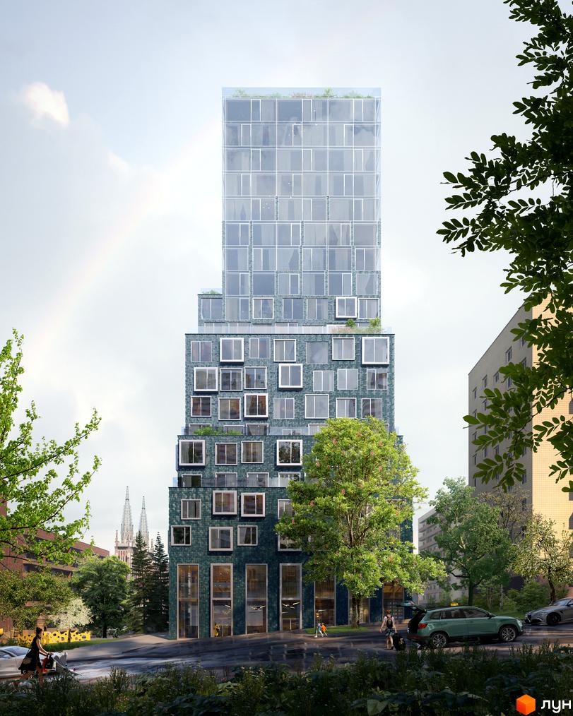 Житловий комплекс Washington Concept House – висотна будівля з цегляним фасадом та великою кількістю вікон. Навколо будівлі дерева та міський пейзаж.