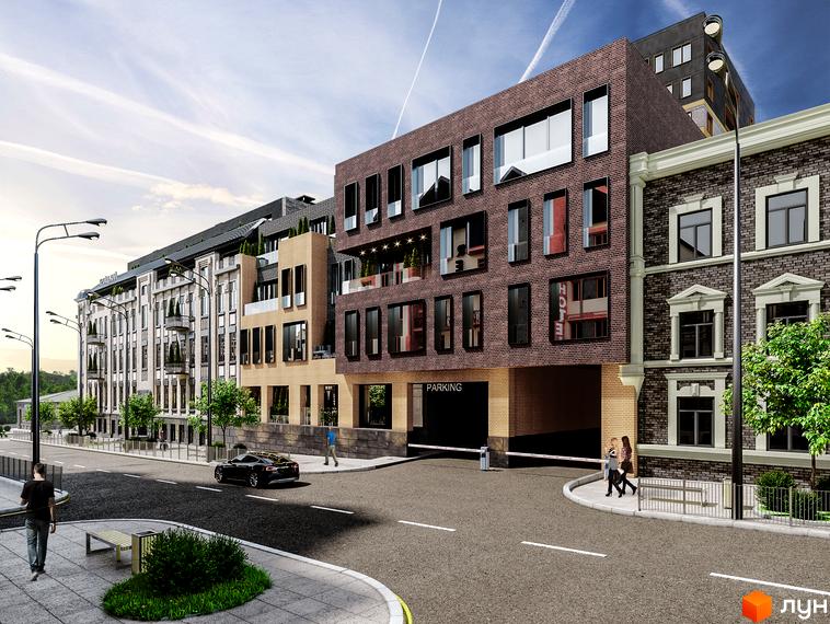 Зображення сторінки ЖК Троїцький. На фото зображено будівлю з цегляним фасадом та великими вікнами. Також видно дорогу, тротуар та прибудинкову територію.