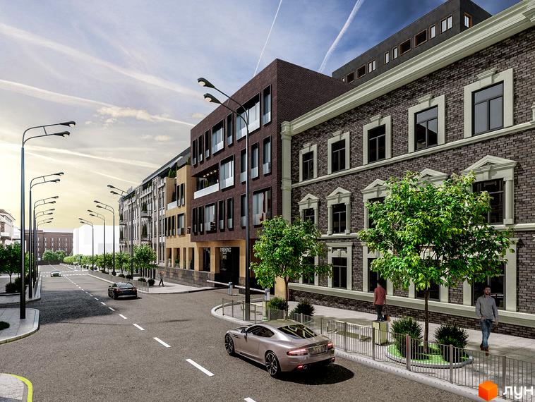 Зображення сторінки житлового комплексу Троїцький. Архітектура будівель виконана у класичному стилі з цегляним фасадом. На прибудинковій території висаджені дерева та облаштовані тротуари.