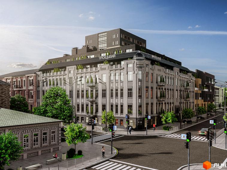 Житловий комплекс Троїцький з архітектурою у стилі модерн. На зображенні видно будівлю з великими вікнами та балконами, а також прилеглу територію з зеленими насадженнями та пішохідними переходами.