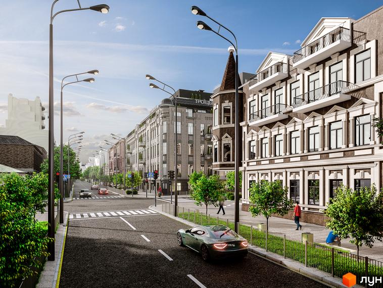 Житловий комплекс Троїцький. Фасад будинку з великими вікнами та балконами. На вулиці є ліхтарі, дерева та зелені насадження.