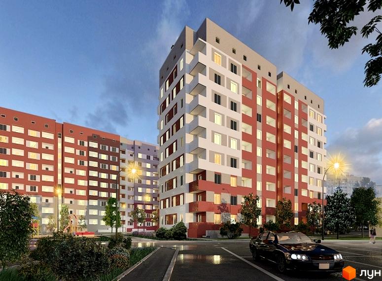 Житловий комплекс Гідропарк: вечірній вигляд багатоповерхових будинків з червоними, білими та сірими фасадами, прибудинкова територія з деревами та автомобілем.
