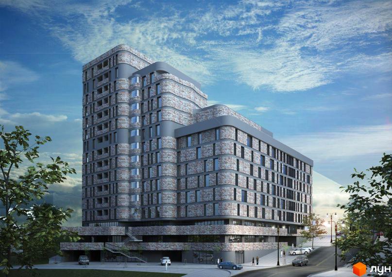 Житловий комплекс Loft Smart - це багатоповерхова новобудова з цегляним фасадом та вигнутими кутами, розташована біля дороги з деревами та автомобілями.