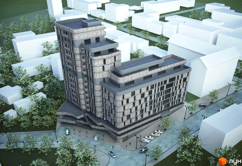 Житловий комплекс Loft Smart – це сучасна новобудова з цегляним фасадом та вигнутими формами, розташована серед дерев та сусідніх будівель.