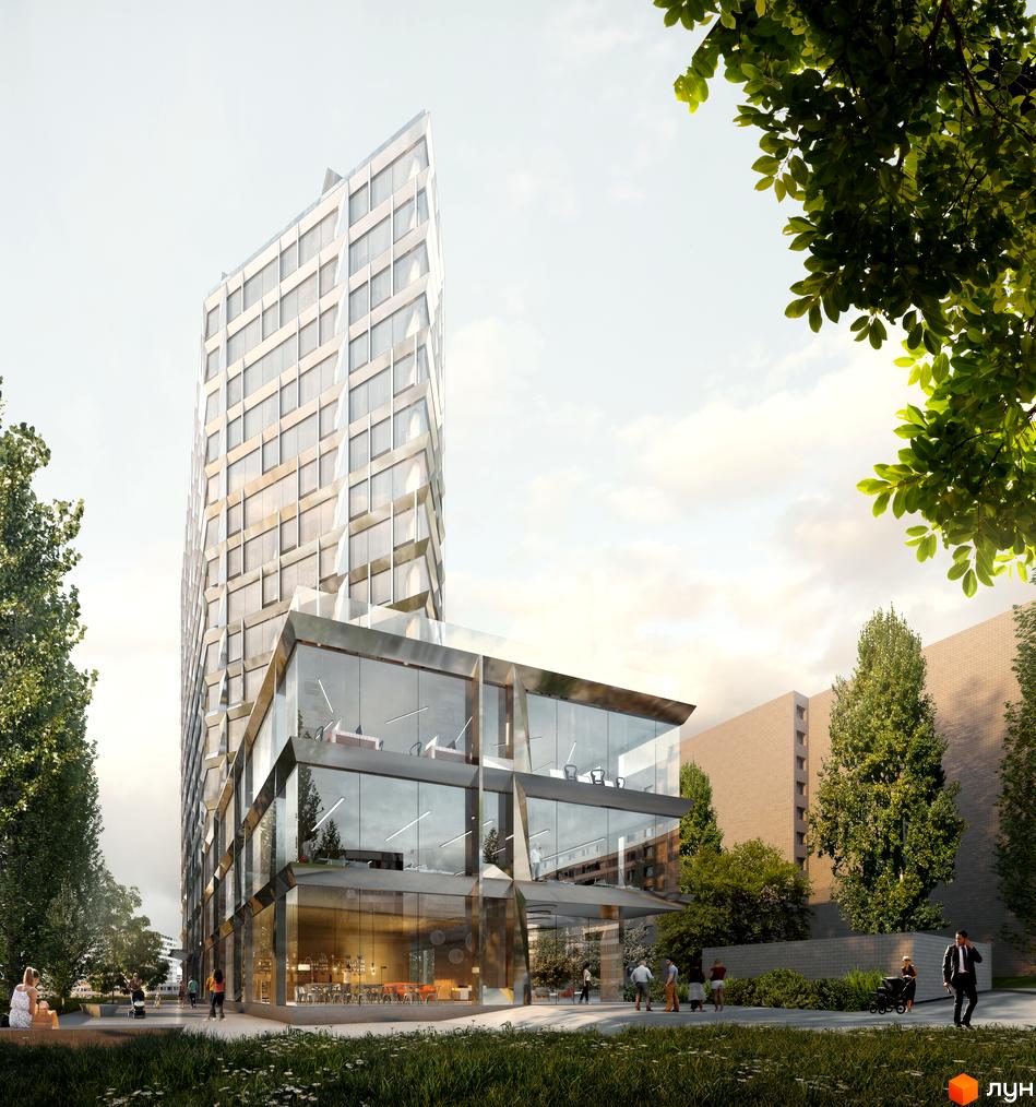 Новобудова Philadelphia Concept House з виразним фасадом та скляними елементами. Навколо будівлі облаштована прибудинкова територія з деревами та місцями для відпочинку.