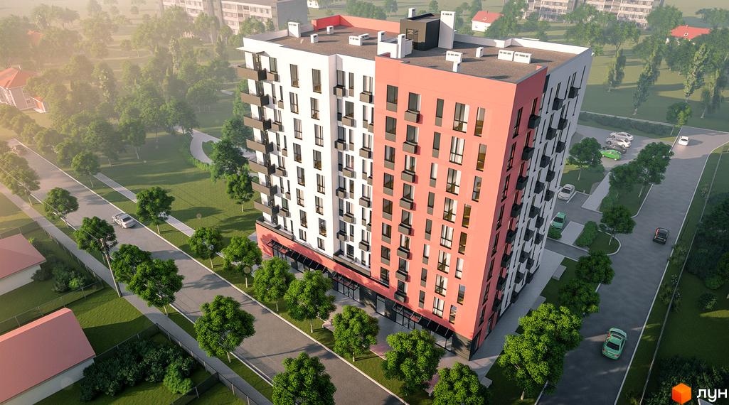 Житловий комплекс Millennium – це багатоповерхова новобудова з фасадом білого та коралового кольорів, розташована серед зеленої зони з доглянутими деревами та доріжками.