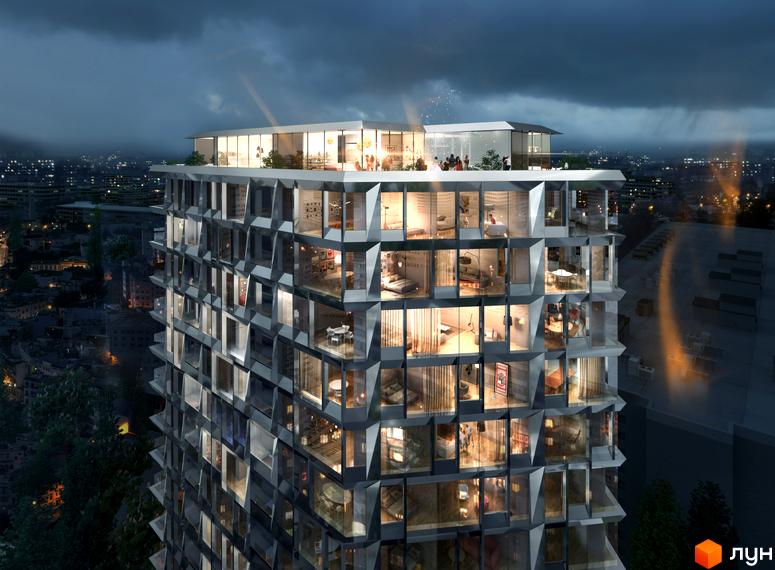 Philadelphia Concept House - сучасний житловий комплекс з панорамними вікнами та унікальним фасадом. Нічний вид на освітлену новобудову та міський пейзаж.