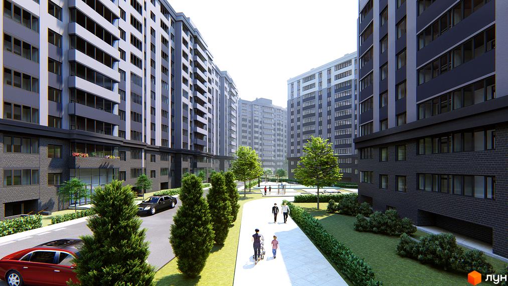 Житловий комплекс Grand City Dombrovskyi: будинки з сірими фасадами та цегляною основою. Прибудинкова територія має газони, дерева, пішохідні доріжки та автомобілі.