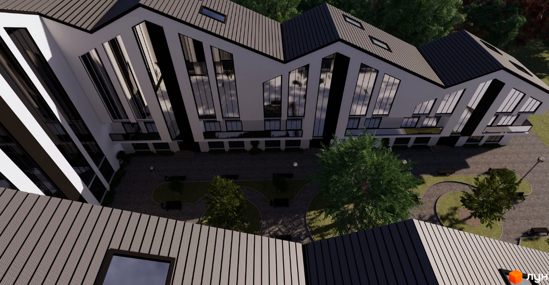 Зовнішній вигляд житлового комплексу Barberry з асиметричними фасадами та великими вікнами. Прибудинкова територія з деревами та місцями для відпочинку.