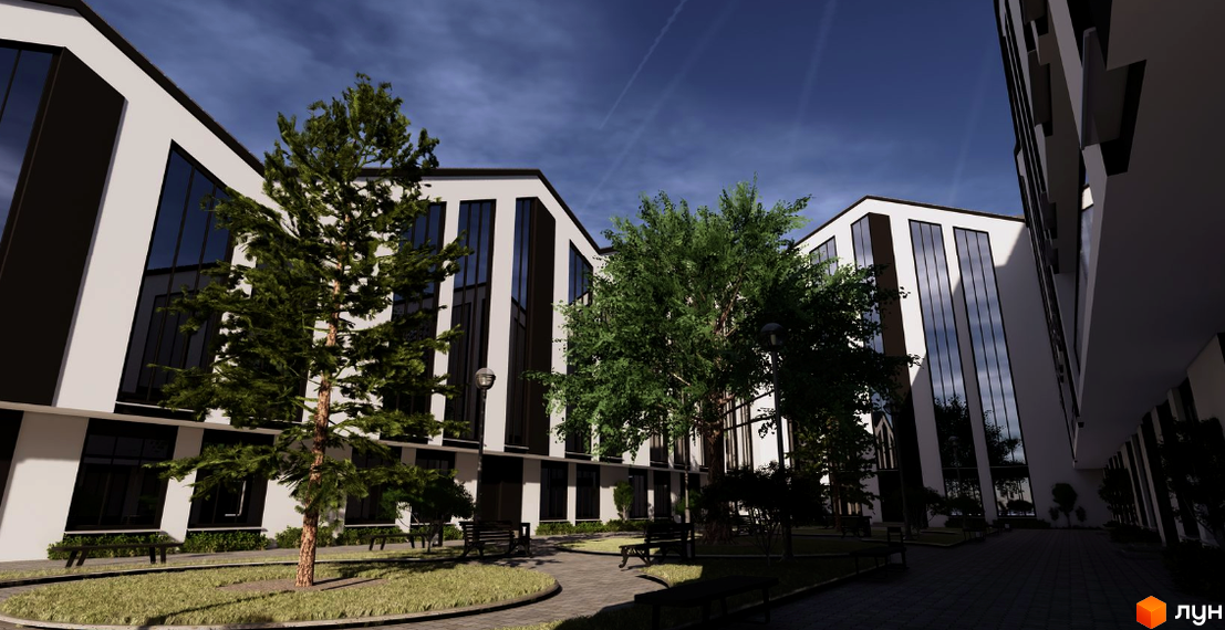 Житловий комплекс Barberry з білими фасадами та темними вікнами, зеленою прибудинковою територією з деревами та лавками.