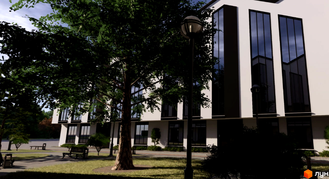 Зовнішній вигляд новобудови ЖК Barberry з великими вікнами та прибудинковою територією з деревами та лавками.