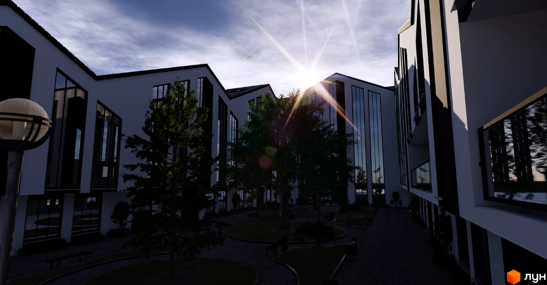 Житловий комплекс Barberry з білими фасадами та великими вікнами, зеленою прибудинковою територією та лавками.