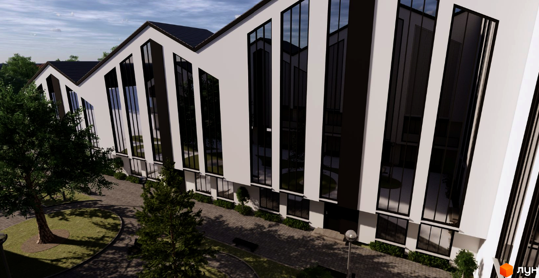 Зовнішній вигляд новобудови Barberry з великими панорамними вікнами та прибудинковою територією з деревами та доріжками.