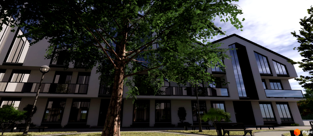 Зовнішній вигляд новобудови ЖК Barberry з великими вікнами та балконами, оточеної деревами та з лавками на території.