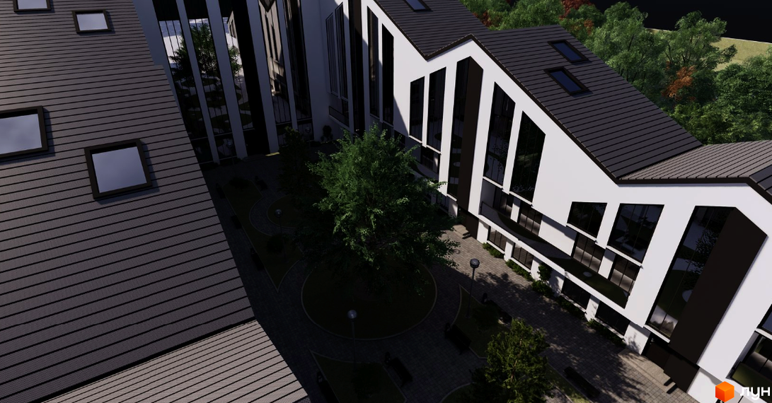 Зовнішній вигляд житлового комплексу Barberry з внутрішнім двориком та зеленими насадженнями. Сучасна архітектура та зручна прибудинкова територія.