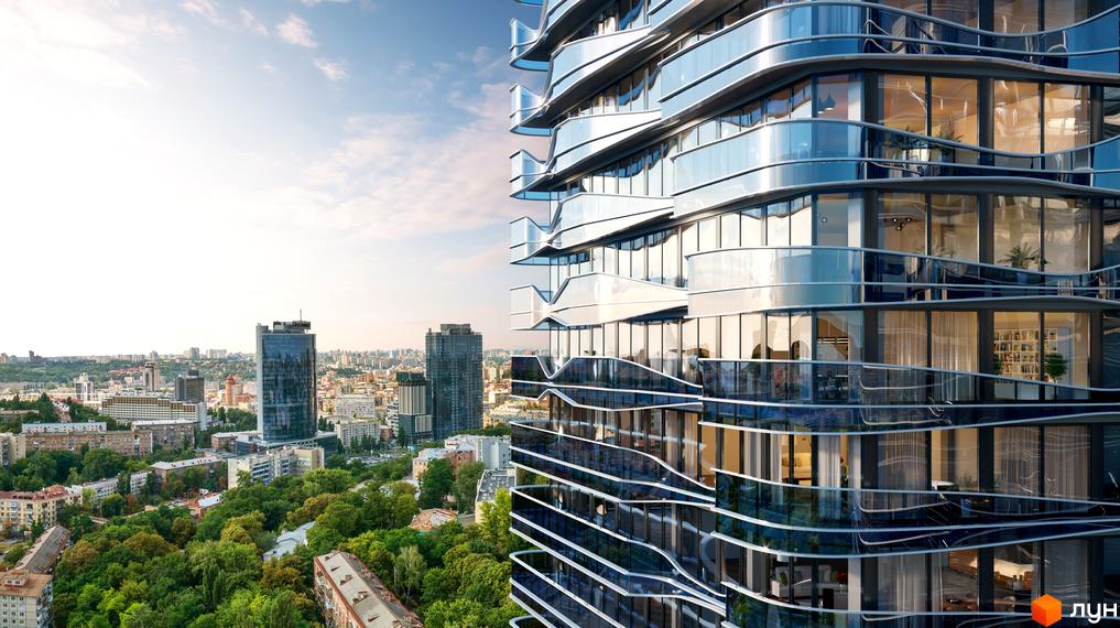 Житловий комплекс Signature – новобудова з унікальним фасадом з вигнутого скла та металу. Вид на сучасний київський пейзаж з багатоповерховими будинками та зеленню.