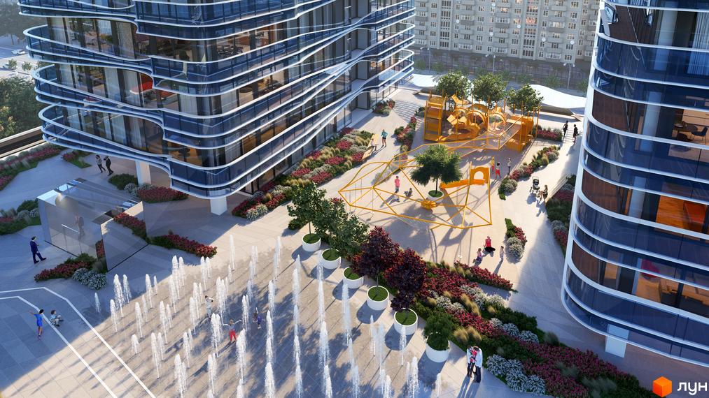 Житловий комплекс Signature з хвилястими фасадами та зоною відпочинку з фонтанами та дитячим майданчиком. Сучасна архітектура та благоустрій території.