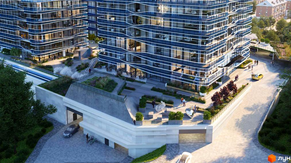 Житловий комплекс Signature з вигнутими фасадами та скляними балконами. На прибудинковій території розташовані зелені зони, скульптури та зони відпочинку.