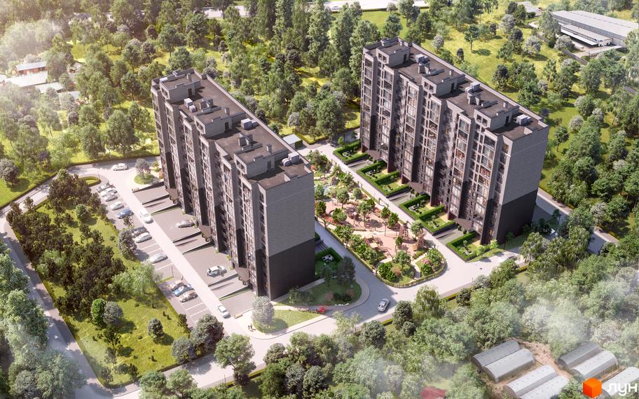 Житловий комплекс Містечко Мануфактура: сучасні багатоповерхові будинки з великою кількістю вікон та зеленою прибудинковою територією з дитячими майданчиками та парковкою.