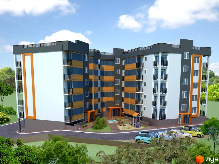 Житловий комплекс Concept Hall 2: багатоповерховий будинок з білими, темно-сірими та помаранчевими фасадами, балконами, дитячим майданчиком та парковкою.