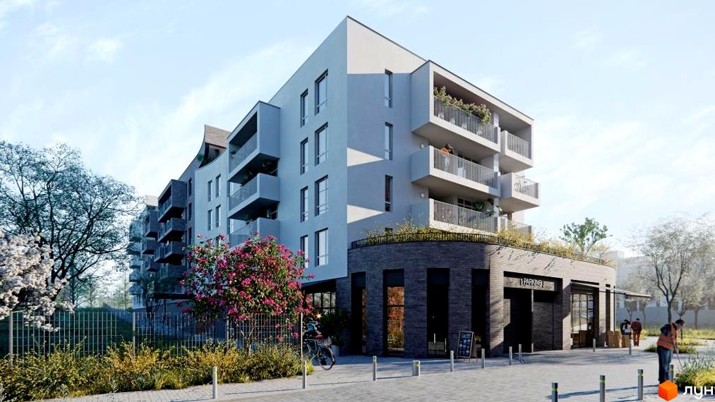 Зовнішній вигляд житлового комплексу Rubicon Premium з балконами та зеленою зоною. Навколо комплексу розташована прибудинкова територія з деревами та пішохідними доріжками.