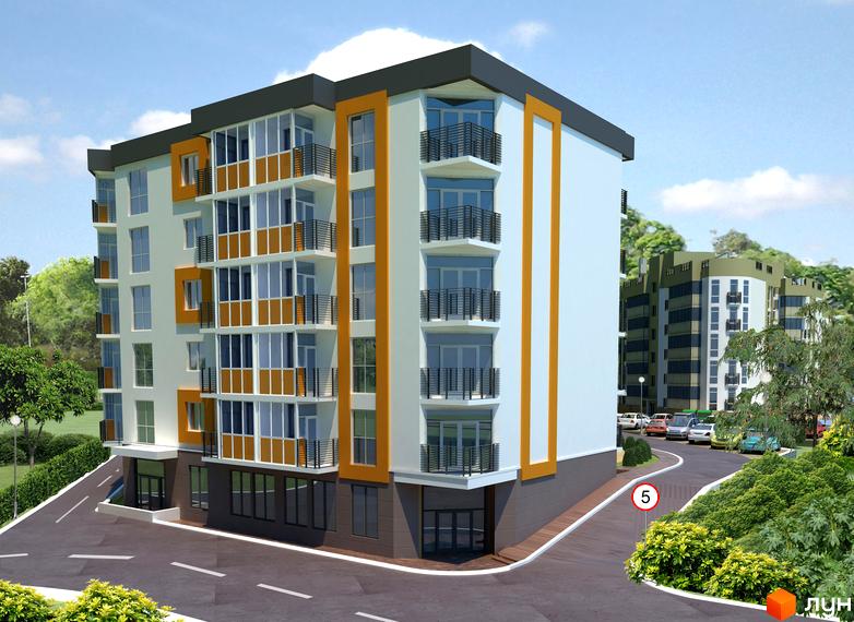 Житловий комплекс Concept Hall 2: багатоповерховий будинок з біло-помаранчевим фасадом та балконами. Прибудинкова територія з дорогою та зеленню.