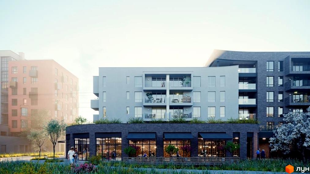 Зовнішній вигляд новобудови ЖК Rubicon Premium з фасадами з цегли та світлої штукатурки, балконами та панорамними вікнами. Прибудинкова територія з деревами та зеленню.