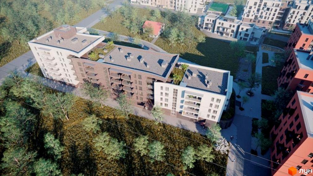 Зовнішній вигляд житлового комплексу Rubicon Premium з цегляними та білими фасадами, балконами та зеленими зонами навколо. Комплекс розташований серед дерев.