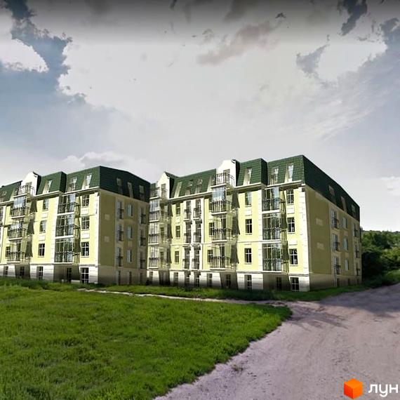 Житловий комплекс Сузір'я 2019 - це багатоквартирний будинок світло-жовтого кольору з зеленим дахом та численними балконами, розташований на фоні зеленої галявини та дороги.