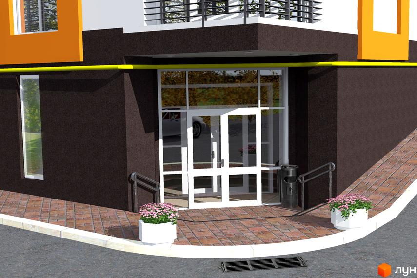 Фасад Житлового комплексу Concept Hall 2 з темною текстурою, великими скляними дверима та білими вікнами. Прибудинкова територія має бруковану доріжку та квіткові вазони.