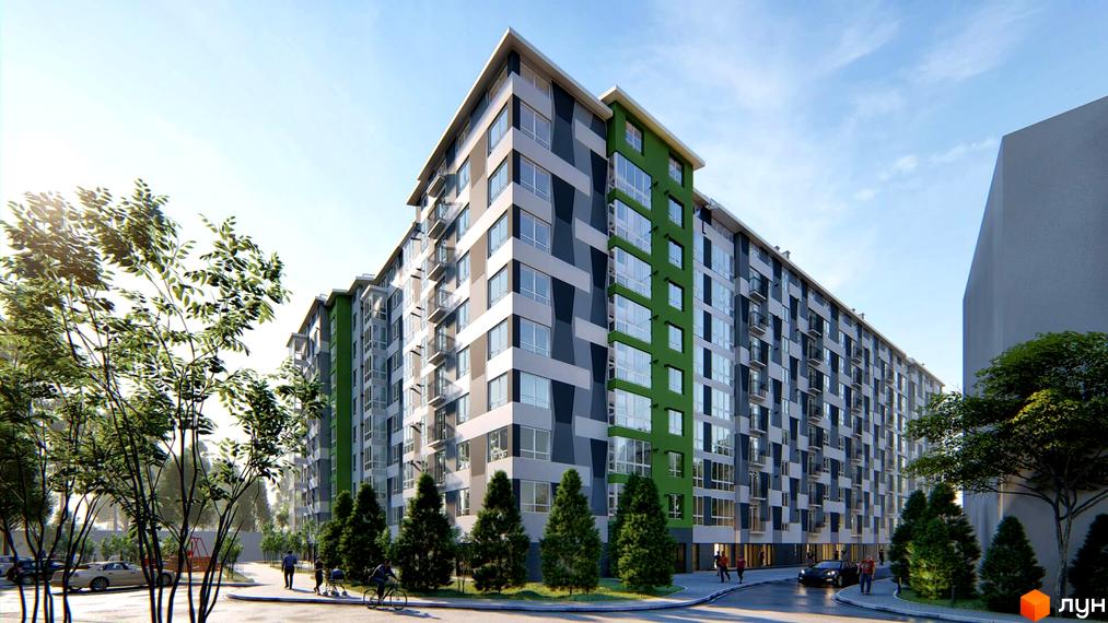 Будівельний проєкт Пасічнянський Двір з багатоповерховими будинками, фасадами сірого, білого та зеленого кольорів. Навколо будинку розташовані дерева та доглянута прибудинкова територія.