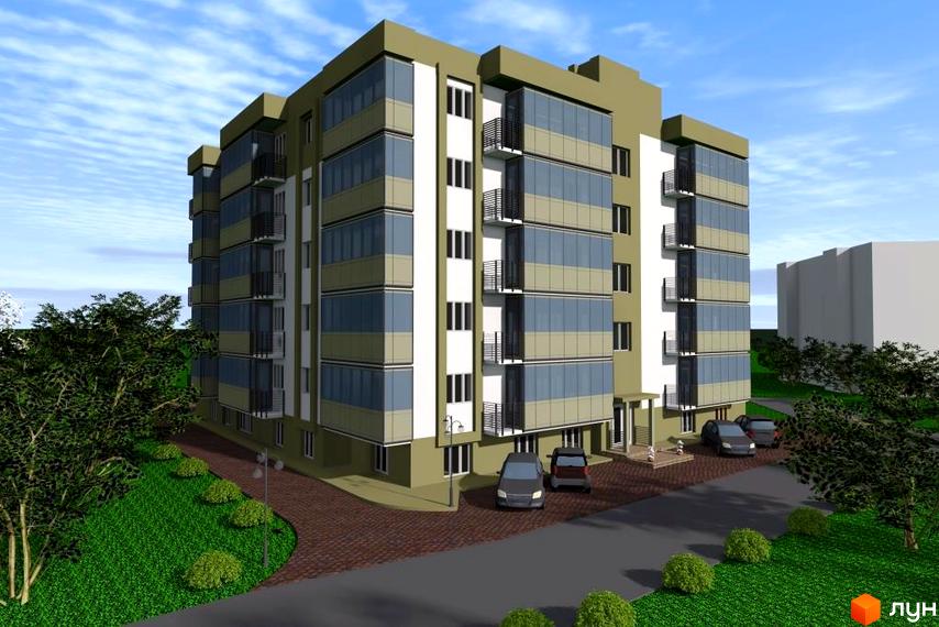 Новобудова Concept Hall 2: Багатоповерховий будинок з фасадом кольору хакі та скляними балконами. Прибудинкова територія з брукованою дорогою, зеленню та парковкою.