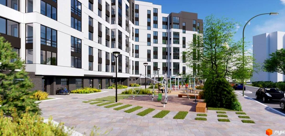 Зовнішній вигляд житлового комплексу Новий з великою кількістю вікон та балконів, а також прибудинкова територія з дитячим майданчиком та зеленими насадженнями.