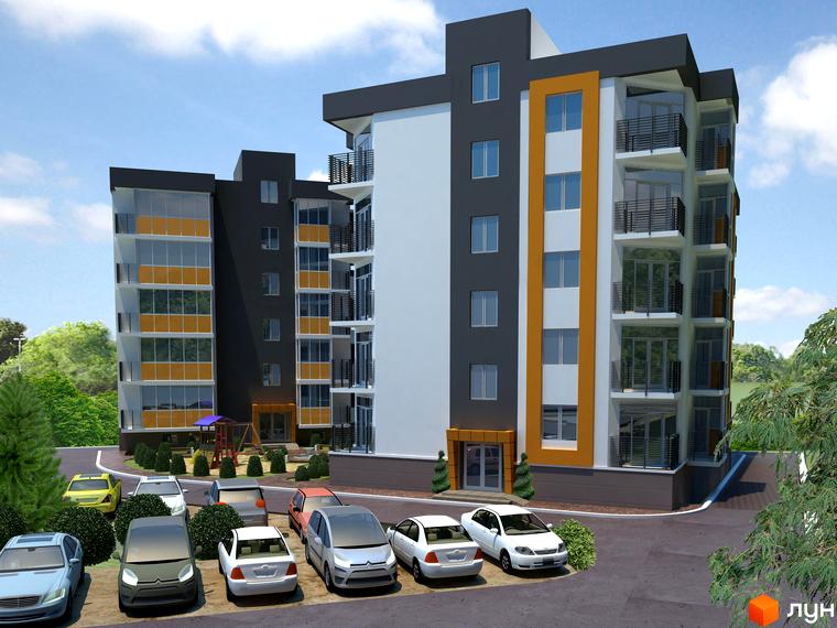 Багатоповерховий житловий комплекс Concept Hall 2 з сірими, білими та помаранчевими фасадами. Поруч розташовані парковка з автомобілями та дитячий майданчик.